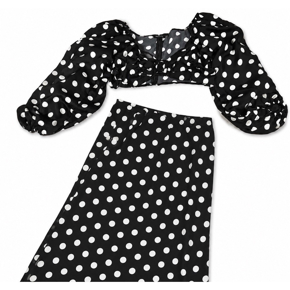 Nasty Gal Skirt Set Womens 10 Black Polka Dot Satin Puff Sleeve Crop Top Midi